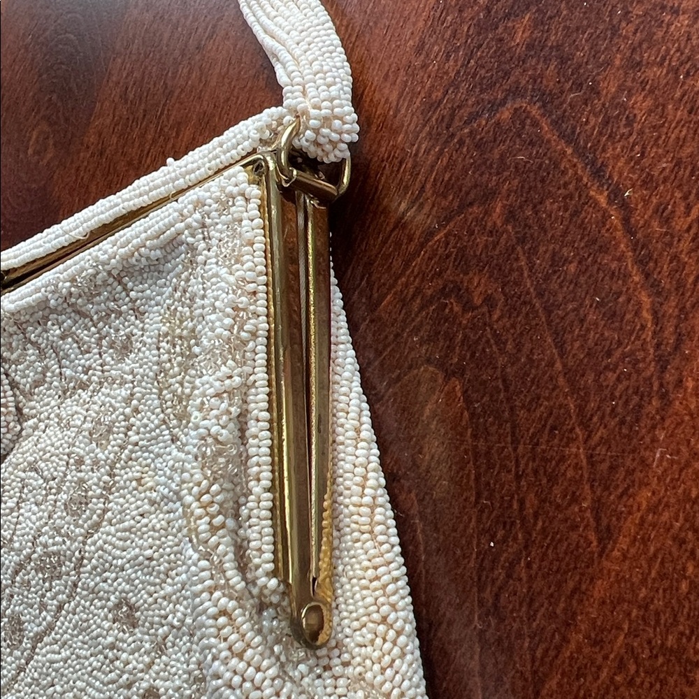 Vintage Intricately Beaded Evening Bag Cream Beige Gold Seed Bead Paisley Bird - Picture 11 of 16